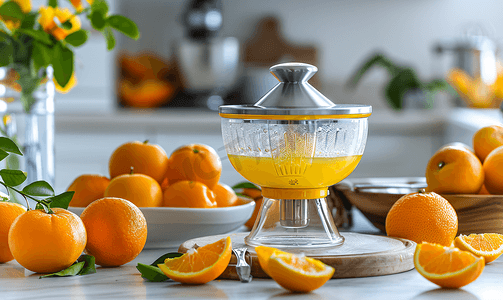 厨房桌上的一杯橙汁柑橘榨汁机和各种柑橘类水果