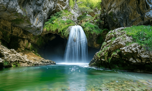 奥地利峡谷中的小瀑布长时间暴露导致水流平滑