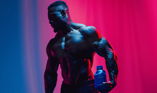 霓虹灯下的肌酸配方和肌肉健美运动员