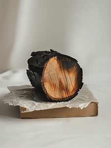 烧过的木头摄影照片_纸板上有一张烧过的纸的木头