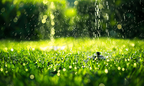 草坪浇水摄影照片_草坪喷水器在绿草上喷水