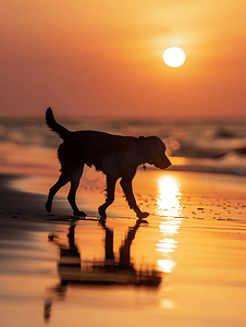 日落时分在沙滩上散步的狗的轮廓