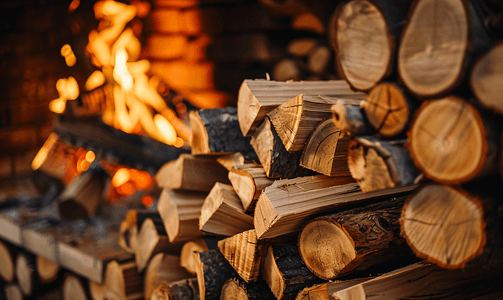 壁炉中燃烧的木头和原木堆