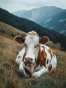 牛躺在牧场的草地上牛头