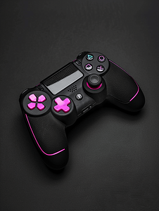 黑色游戏控制器游戏手柄黑色背景上带有粉色按钮上下颠倒特写