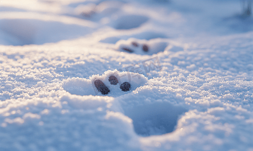 片状雪花摄影照片_狗在雪地里留下的足迹