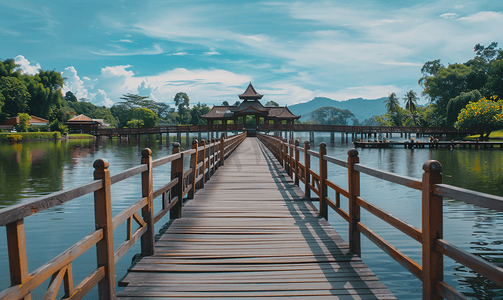 社区文化宣传墙摄影照片_横跨古晋湖的木桥至砂拉越文化村