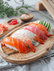 美食背景寿司摄影照片_木盘上的蟹肉棒寿司