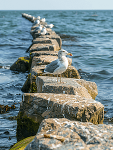 ai海草摄影照片_丹麦海鸥海岸附近水域的石防波堤