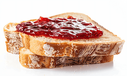 三明治背景摄影照片_一片白面包配上黄油和草莓酱白色背景中突显出来