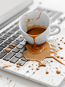 将白杯中的咖啡洒在电脑笔记本电脑键盘上的液体上