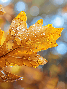 秋天橡树叶与雨滴十一月湿秋叶