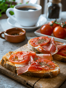 一片面包摄影照片_一片面包配番茄伊比利亚火腿和一杯咖啡典型的西班牙午餐