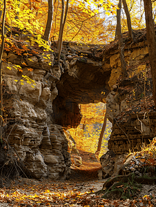 秋季森林中的大洞穴入口