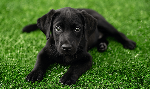 狗笼子摄影照片_绿草上的黑色拉布拉多犬一个月大的拉布拉多猎犬小狗的肖像