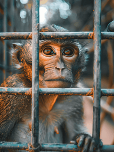 野生动物园摄影照片_动物园笼子里一只猴子的特写镜头