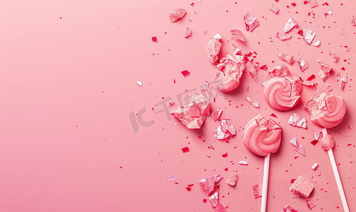 棒棒糖在粉红色背景顶视图上分成碎片并带有复制空间