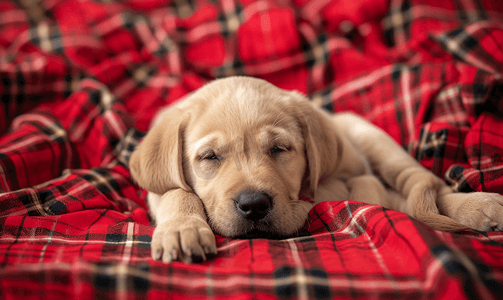 细胞卡通卡通摄影照片_一只拉布拉多小狗躺在红色格子格子上的俏皮心情