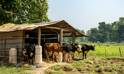 奶牛养殖户的小屋与牛奶容器