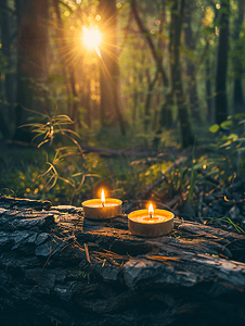 双十一火拼摄影照片_森林里一根旧木头上的两根蜡烛