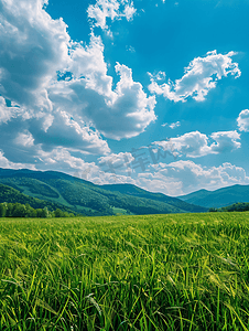 山草坪摄影照片_美丽的春田绿草如茵山峦蓝天白云