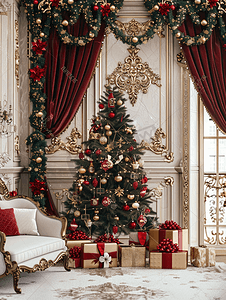 背景室内房间以圣诞风格装饰配有圣诞树和礼品盒