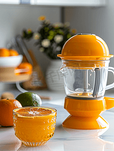 厨房桌子上的一杯橙汁和柑橘榨汁机