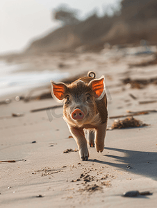散步摄影照片_长胡子的猪沿着海滩散步