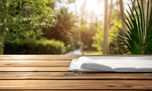 木甲板样机夏季风景背景上的白色餐巾桌布