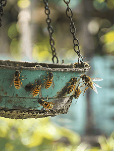 通知蓝色背景摄影照片_在花园里设置陷阱捕捉亚洲黄蜂