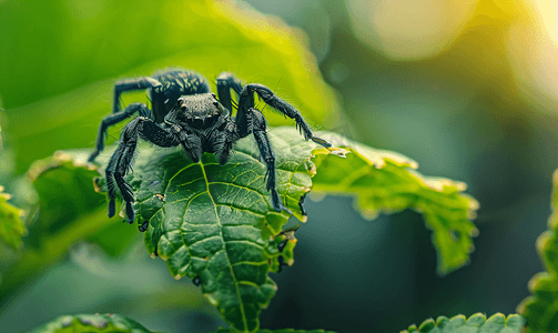 叶子顶上一只黑色的可爱蜘蛛