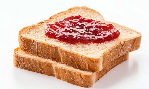 三明治背景摄影照片_一片白面包配上黄油和草莓酱白色背景中突显出来