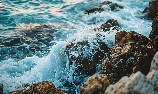 涨潮时海浪冲击岩石海岸