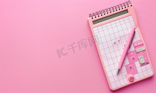 粉红色信纸摄影照片_粉红色背景上计算器空白网格纸笔记本和钢笔的平铺