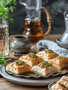 少数民族矢量傈僳摄影照片_土耳其传统民族美味甜点果仁蜜饼