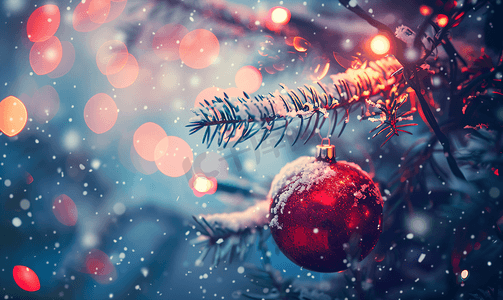 新年红摄影照片_圣诞树上的红球和灯串