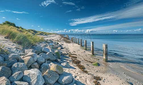 阳光下散步摄影照片_丹麦海岸的沙滩在海湾阳光下散步时的石堤