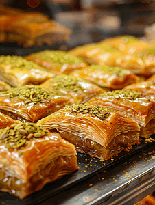 品味美食摄影照片_市场上的土耳其传统果仁蜜饼沙漠