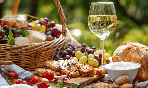 野餐时享用各种美味食物和葡萄酒