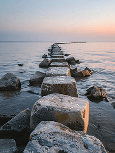 晚上丹麦沿海水域的石防波堤