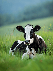 一头牛的头一头黑白相间的牛躺在草地上