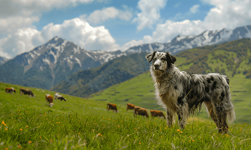 斯贝斯摄影照片_山地牧场的贝加马斯科牧羊犬控制着牛群