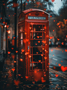 红色电话亭周围的红心