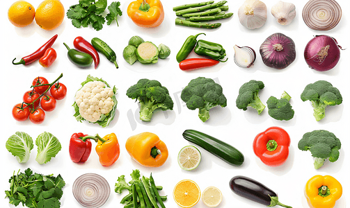白色背景上分离的不同蔬菜的集合各种成分