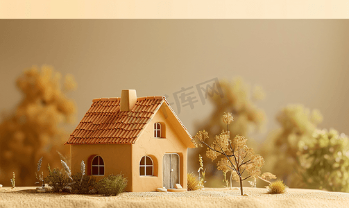 生鲜促销首页摄影照片_由粘土制成的小模型房子及其屋顶