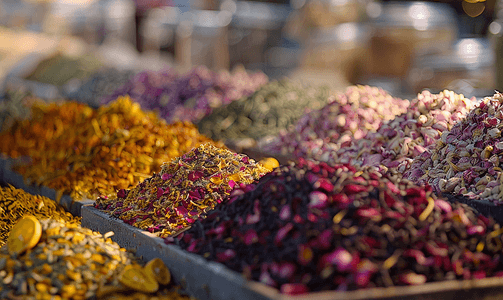 凉的摄影照片_伊斯坦布尔香料集市的干茶果香草花