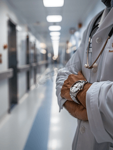 一位医生在医院走廊里休息时看着手表