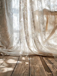 古典纺织摄影照片_带有花边图案的窗帘几乎不接触木地板的表面