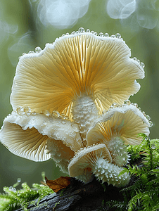 梦幻蘑菇摄影照片_死木和绿苔雨林上的自然白蘑菇生长