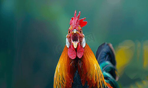 美丽的公鸡有红色的冠五颜六色的羽毛尖叫的乌鸦